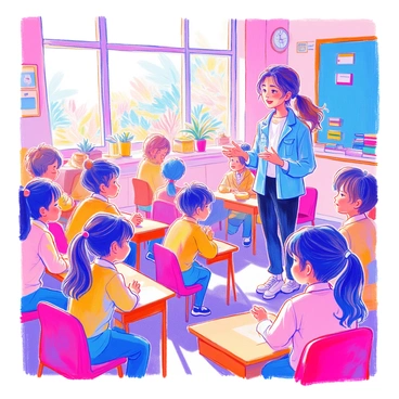 A woman is standing at the front of a bright classroom. She has long brown hair tied back in a ponytail and is wearing a blue blouse and black pants. She is animatedly gesturing with her hands as she speaks to a group of attentive children seated at their desks. The children, a mix of boys and girls of varying ages, are all focused on her, with expressions of curiosity and excitement. The classroom is decorated with colorful posters and drawings on the walls, and shelves filled with books are visible in the background. A large window lets in natural light, illuminating the space.