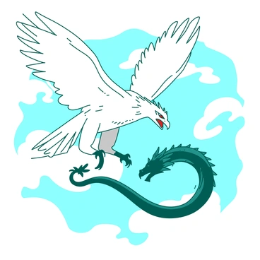 A white fierce griffon with sharp claws is soaring through the sky, its wings fully extended as it faces off against a teal dragon. The griffon has an intense expression, showcasing its sharp beak and piercing eyes. The dragon is coiling through the air, its scales shimmering in the sunlight. Above the griffon, there are swirling clouds that add to the sense of movement and tension in the scene. The griffon and dragon are locked in an aerial struggle, with the griffon poised to attack as the dragon prepares to defend itself.