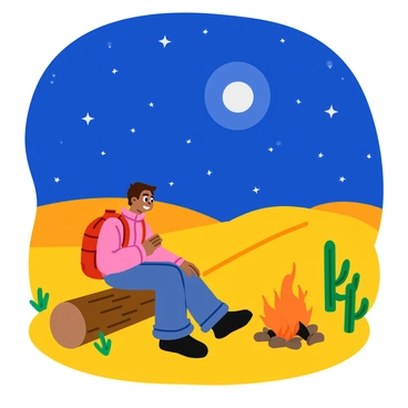 A lone traveler with a rugged backpack sits on a weathered log, warming their hands by a crackling bonfire. The flames dance and cast a warm glow against the cool night air. Above, the vast desert sky is filled with bright, twinkling stars and a large, luminous moon. The traveler wears a light jacket and has a look of contentment on their face as they gaze into the fire. Surrounding the scene are soft dunes of golden sand, gently illuminated by the moonlight. A few scattered cacti are visible in the distance, adding to the desert ambiance.