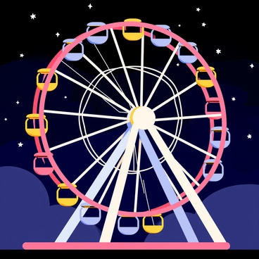 A brightly lit Ferris wheel with colorful lights spinning in a circular motion. The Ferris wheel has large, multicolored passenger cabins, and the structure is illuminated with vibrant hues of red, blue, and yellow. In the background, a dark, starry night sky is filled with numerous sparkling stars, creating a striking contrast against the brightness of the Ferris wheel. The scene captures the excitement of a nighttime carnival atmosphere.