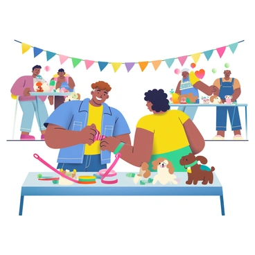 A lively community fair is taking place, with pet owners gathered at various booths. In the foreground, two pet owners are enthusiastically exchanging colorful collars and leashes for their pets. One owner has short brown hair and is wearing a denim jacket, while the other has curly black hair and is dressed in a bright yellow t-shirt. Surrounding them are tables filled with a variety of pet accessories, including bows, bandanas, and toys in different shapes and colors. In the background, a small crowd of pet owners is chatting and admiring each other's pets, which include dogs of various breeds and sizes, all wearing unique accessories. Colorful banners are strung between the booths, and there are balloons in vibrant colors floating in the air.