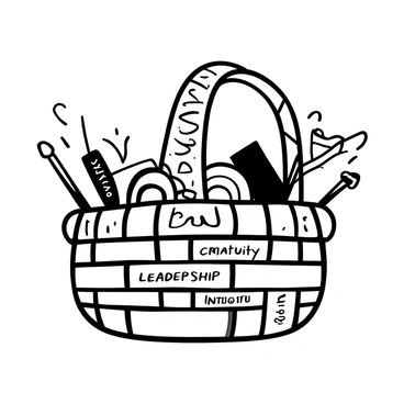 A woven basket resting on a flat surface, with intricate patterns made from strips of natural material. Each strip of the basket is clearly labeled with a different word: "Creativity," "Empathy," "Resilience," "Leadership," "Integrity," and "Kindness." The labels are neatly arranged around the basket, emphasizing the qualities they represent. The basket is filled with various small items such as colorful yarn, paintbrushes, and books, symbolizing the talents and virtues it contains.