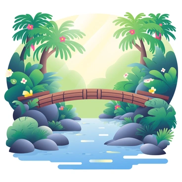 A rustic wooden bridge is spanning across a small creek in a tropical forest. The bridge is constructed from weathered wooden planks, showing signs of age and natural wear. Below the bridge, clear water flows gently over smooth stones, reflecting the lush green foliage above. Surrounding the creek, vibrant tropical plants and trees form a dense canopy, with large, broad leaves and colorful flowers peeking through. Dappled sunlight filters through the branches, creating a warm glow on the forest floor. Small ferns and mosses are growing at the base of the trees, enhancing the natural beauty of the scene.