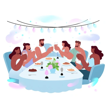 A group of friends is gathered around a large table outdoors, decorated with elegant tableware and a centerpiece of fresh flowers. The scene is illuminated by twinkling string lights hanging overhead, casting a warm glow. Some friends are toasting with glasses filled with drinks, while others are laughing and sharing snacks. Colorful decorations and themed Oscar statuettes are scattered around the gathering, enhancing the festive atmosphere. The backdrop features a clear night sky with stars shining brightly above.