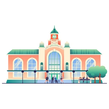 The historic facade of Belgrade's main railway station features intricate architectural details, showcasing a blend of neoclassical and modernist styles. The building is adorned with large arched windows that reflect the sunlight, while ornate columns frame the entrance. A clock tower rises majestically above the structure, its clock face displaying the time. The facade is painted in warm beige tones, with green accents highlighting the architectural features. In front of the station, a wide walkway is lined with trees, and a few people are seen waiting for trains, adding a sense of liveliness to the scene.
