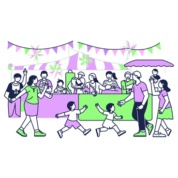 A lively festival scene is unfolding in a bustling outdoor market. Groups of people are gathered around colorful stalls, showing excitement and joy. In the center of the scene, there are various pinwheels spinning in the gentle breeze, each designed with vibrant patterns and shapes. Individuals are reaching out to touch and select pinwheels, their expressions filled with delight. Children are running about, trying to catch the wind with their own pinwheels in hand. In the background, colorful banners are strung between stalls, enhancing the festive atmosphere.