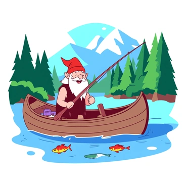 A red dwarf with a long beard is sitting in a small wooden boat, holding a fishing rod. The boat is gently floating on a blue mountain river, surrounded by lush green trees. The dwarf is wearing a brown vest and has a joyful expression as he looks at the water. Close to the boat, there are several colorful fish swimming, and a few fishing supplies are scattered around the boat's floor. In the background, majestic mountains rise, partially covered by green foliage. The sunlight reflects off the water, creating a vibrant scene.