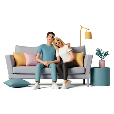 A happy couple, a man with short brown hair wearing a blue t-shirt and jeans, and a woman with long blonde hair wearing a white blouse and black leggings, are sitting on a new gray sofa in a furniture store. The sofa has modern design elements with plush cushions and sleek arms. The couple is leaning into each other, smiling broadly, showcasing their satisfaction with their choice. Surrounding them are various home decor items, including colorful cushions and decorative lamps, adding to the inviting atmosphere of the store.