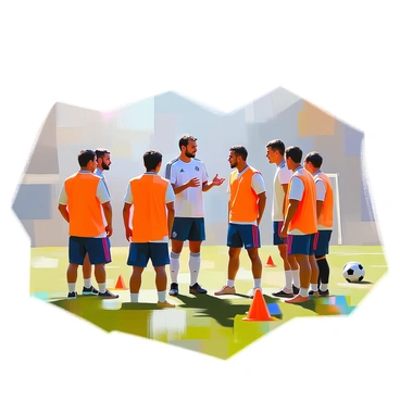 A scene depicting a soccer training session featuring the Real Madrid coach engaged in a discussion with several players. The coach, a middle-aged man with short dark hair and wearing a team tracksuit, is animatedly explaining strategies while gesturing with his hands. Surrounding him are four players, each in training gear, with two standing attentively and two crouched down listening closely. The background shows a well-maintained soccer field and training cones arranged for exercises. The players are focused and attentive, with expressions reflecting concentration and determination.