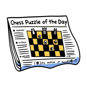 Close-up of a newspaper page with big eyes displaying a chess puzzle. The puzzle shows a chessboard with pieces arranged on it, including a white king, a black queen, and several pawns. The page has clear, bold text at the top that reads "Chess Puzzle of the Day," and there are annotations and hints written in smaller font beside the puzzle. The background features a textured paper effect, enhancing the visual detail of the newspaper.