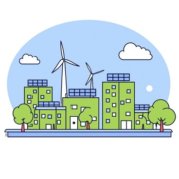 A clean and green cityscape with solar panels and wind turbines