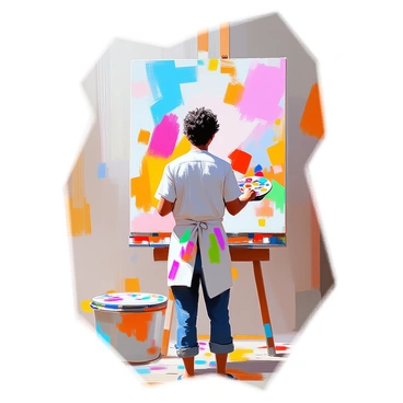 A painter with medium skin and short, curly hair stands in front of a large canvas, deeply focused on their work. They are wearing a paint-splattered apron over casual clothing. The canvas is filled with vibrant colors and bold brush strokes, depicting swirling shapes and dynamic forms. The painter holds a palette in one hand and a paintbrush in the other, applying vivid hues to the canvas. Around them, splashes of paint are visible on the floor and surrounding surfaces, showcasing their passionate creative process.