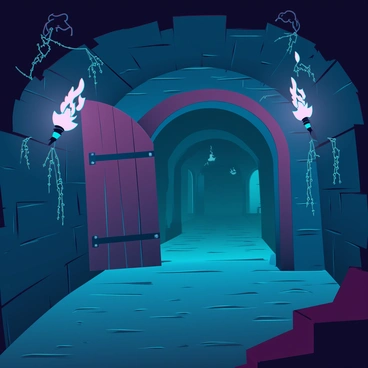 A dark underground dungeon with stone walls and a damp floor. The atmosphere is heavy, with flickering torches mounted on the walls casting long, distorted shadows. There are rusty chains hanging from the ceiling, and a few cobwebs tucked into corners. A heavy wooden door is ajar, revealing a glimpse of a narrow passageway that leads deeper into the dungeon. The faint sound of dripping water echoes throughout the space, adding to the unsettling ambiance. A distant figure can be seen in the shadows, partially obscured, creating a sense of mystery.