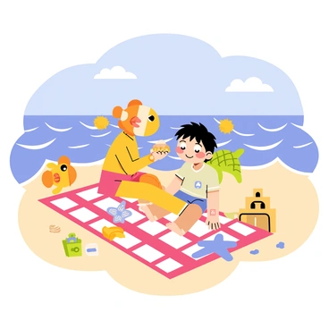 Ponyo and Sosuke having a picnic on the beach with colorful sea creatures around them.