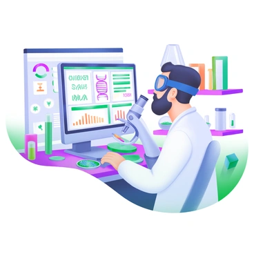 A laboratory setting featuring a lab technician focused on analyzing DNA strands displayed on a computer screen. The screen is filled with colorful graphs representing various data points and analysis results. The technician is wearing a white lab coat and safety goggles, with an expression of concentration. The desk is cluttered with lab equipment, including pipettes, petri dishes, and a microscope, while the background contains shelves filled with scientific books and more equipment.