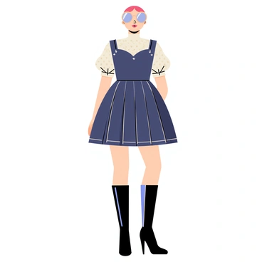 A fashion design featuring a dress with a fitted bodice and a flared skirt, showcasing a blend of vintage polka dot patterns with metallic silver accents. The sleeves are puffy and gathered at the cuffs, giving a nod to classic styles. The neckline is sweetheart-shaped, adorned with small LED lights that twinkle. The fabric is a rich navy blue, contrasting with shiny holographic details along the hemline. The outfit is completed with knee-high, vintage-style boots that have a sleek, modern twist, incorporating transparent panels. A pair of oversized round sunglasses with reflective lenses sits atop the dress, adding to the fashionable look.