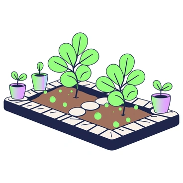 A small garden plot is filled with young amla plants arranged in neat rows. Each plant has glossy green leaves and is firmly rooted in the soil. The rows are spaced evenly, and a small pathway made of stones runs between them. Surrounding the garden plot, there are wooden planks serving as a border, and a few colorful flower pots with additional plants sit on the edges. Above the garden, a clear sky provides bright sunlight that illuminates the healthy green foliage of the amla plants.