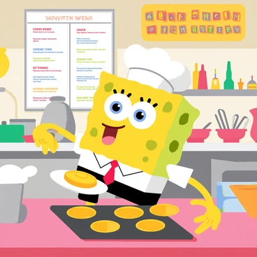 SpongeBob SquarePants, with his bright yellow skin and large blue eyes, is joyfully flipping Krabby Patties on a grill in the bustling kitchen of the Krusty Krab. He is wearing a white chef's hat and a short-sleeved white shirt with a red tie. The kitchen is filled with various kitchen utensils, pots, and pans. The grill is sizzling with several golden Krabby Patties, and a cloud of steam is rising from the grill. In the background, there are colorful decorations and a large menu board displaying "Krabby Patties" in bold letters. The atmosphere is lively, with the sounds of bubbling fryers and the chatter of customers.