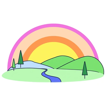 A bright sunrise with orange, pink, and yellow hues spreading across the sky. The sun is just peeking over a distant horizon, illuminating a flat landscape of rolling hills and a few scattered trees. The ground is covered in soft green grass, and a small, winding path leads towards the horizon. There are no humans or structures in sight, emphasizing the natural beauty of the scene.