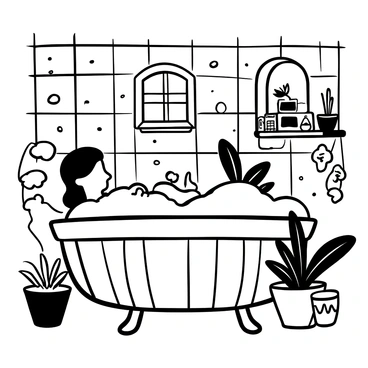 A whimsical bathroom designed for a hobbit, featuring a large, round wooden tub filled with bubbles. A hobbit is lounging in the tub, surrounded by various houseplants in ceramic pots. The walls are adorned with colorful tiles showcasing intricate patterns. A small wooden shelf is stocked with natural soaps and bath accessories. A window reveals a glimpse of greenery outside, enhancing the cozy atmosphere.