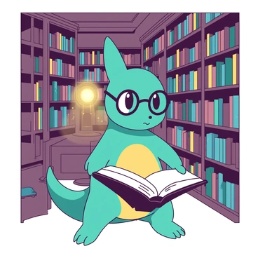 A teal scholarly Charmander is standing on its hind legs, wearing round glasses perched on its snout. It is surrounded by towering bookshelves filled with colorful books in an old library. The shelves stretch high towards a ceiling with ornate details, and a warm glow from a nearby lamp lights up the space. The Charmander is holding an open book with its small claws, studying the pages intently. Dust motes float in the air, illuminated by the soft light, adding to the atmosphere of knowledge and learning.