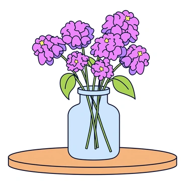 A rustic glass vase filled with milkweed flowers that have vibrant pink and purple clusters. The flowers are delicately arranged, showcasing their unique star-shaped blooms. The vase is placed on a wooden table with a natural finish, enhancing the rustic feel of the scene. Soft green leaves are intertwined among the flowers, adding a fresh touch to the arrangement.