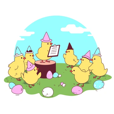 A duotone illustration featuring a group of yellow baby chicks gathered in a circle, each wearing tiny paper hats that indicate their excitement. One chick is standing on a small podium, holding a miniature clipboard with notes, while the others listen attentively. Around them, colorful Easter eggs in various pastel colors are scattered on the grass, adding to the festive atmosphere. The sky above is a bright blue, creating a cheerful backdrop for this whimsical scene.
