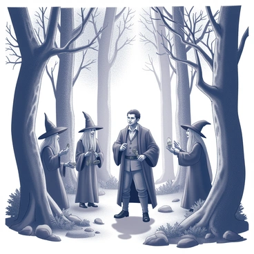 A forest filled with tall, twisted trees that have gnarled branches extending in various directions. The ground is uneven with patches of dense underbrush and scattered rocks. In the center of the scene, "Macbeth" stands, dressed in period-appropriate clothing, with a look of intrigue and apprehension on his face. Surrounding him are three witches, each with distinct appearances, wearing tattered garments and possessing wild hair. They hold eerie symbols or objects in their hands. Dim light filters through the canopy, casting elongated shadows on the forest floor, enhancing the unsettling atmosphere of the encounter.