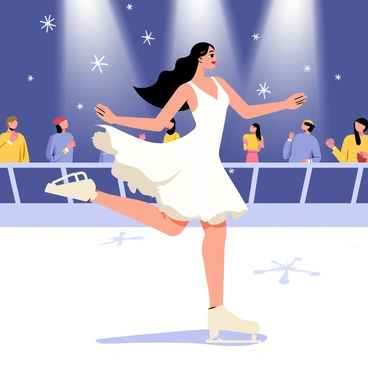 A graceful figure skater wearing a flowing white dress is performing an elegant spin on a bright, illuminated ice rink. The skater has long, dark hair that flows behind her as she twirls. Bright spotlights shine down from above, illuminating the ice and creating sparkling reflections. The rink is surrounded by a cheering audience in the background, creating a lively atmosphere. Snowflakes are gently falling in the air, adding a magical touch to the scene.