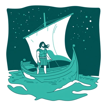 A teal Greek ship is sailing across a dark sea towards the distant shores of Troy. On the ship's deck, "Achilles" is standing confidently, wearing bronze armor that gleams under the light of the stars. His long hair flows in the gentle night breeze, and his expression shows determination. The sky above is filled with "bright stars" twinkling, creating a stunning contrast against the deep navy of the night. The ship is adorned with a large white sail, billowing as it catches the wind, propelling the vessel forward on its journey.