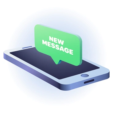 A 3D smartphone with a sleek design and a shiny black screen is displayed prominently in the center. The smartphone has rounded edges and metallic accents. A bright green notification bubble is popping up from the screen, hovering above it, with the text "NEW MESSAGE" written in white. The background is a subtle gradient transitioning from light blue at the top to soft purple at the bottom, enhancing the focus on the smartphone. The image conveys a sense of modern technology and communication.