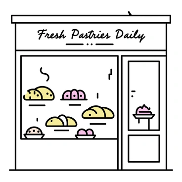 A quaint bakery in Fulda, featuring a charming exterior with light-colored wooden beams and a warm, inviting door. The window showcases a variety of delicious pastries, including croissants, éclairs, and fruit tarts, all artfully arranged on delicate plates. The bakery sign above the door reads "Fresh Pastries Daily," with a subtle decorative border. Soft morning light filters through the window, highlighting the textures of the pastries.