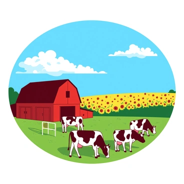 A bright blue sky with a few fluffy white clouds stretches above a sunny farm landscape. In the foreground, there are several grazing cows, their black and white spots contrasting against the green grass. To the left, a large red barn stands proudly, its paint shining in the sunlight. Surrounding the barn, there are vibrant yellow fields of sunflowers, their heads turning towards the sun. The entire scene depicts a lively, flourishing farm environment.