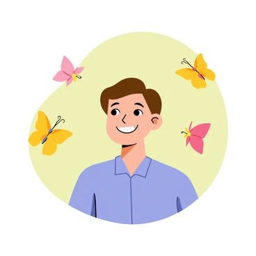 A person with a "genuine, radiant smile" stands in the center of the image. The individual has "short brown hair" and is wearing a "light blue shirt." Surrounding the person are "glowing butterflies" in various colors, such as "bright yellow, vivid orange, and soft pink." These butterflies flutter around the individual's head and shoulders, creating a dynamic scene. The background is a "soft green" that enhances the brightness of the butterflies and the warmth of the person's smile.