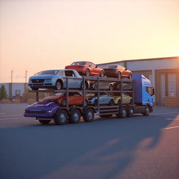 A large car transport truck with a metallic blue exterior is leaving a depot. The truck has multiple levels, each loaded with several cars of various colors and models, all securely fastened. The scene is set at dawn, with soft light illuminating the sky in shades of orange and pink. Morning mist hangs in the air, creating a hazy atmosphere around the truck and the surrounding area. The depot is visible in the background, equipped with loading docks and scattered pallets. Gentle shadows stretch across the ground as the sun begins to rise.