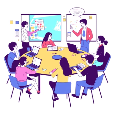 A group of students is gathered around multiple round tables in a brightly lit classroom. Each table has students engaged in discussions, with open laptops and notebooks scattered across the surfaces. One table features a student presenting a poster filled with colorful diagrams, while others listen attentively. On another table, a student is drawing ideas on a whiteboard, surrounded by classmates who are contributing suggestions. The atmosphere is energetic, and various tools like markers and sticky notes are visible, adding to the collaborative environment.