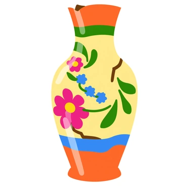A beautifully painted vase featuring intricate floral designs in vibrant colors. The vase stands upright, showcasing its elegant shape and smooth surface. There is a noticeable crack running down one side of the vase, adding a sense of history to the piece. At the rim, there is a small chip that slightly disrupts the otherwise smooth outline. The vase is placed on a wooden table, providing a warm contrast to its colorful patterns.