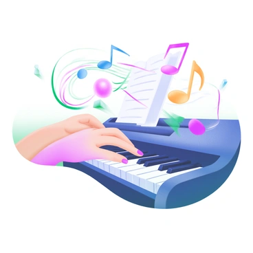 A close-up view of "fingers playing a piano," showcasing elegant hands gracefully pressing the keys. Surrounding the fingers are "musical notes" swirling in various sizes, some in bright colors like blue, pink, and yellow. The piano keys are depicted in a sleek, modern style, with a glossy finish that reflects the fingers above. The background is soft and subtle, emphasizing the flowing movement of the musical notes as they dance around the scene.
