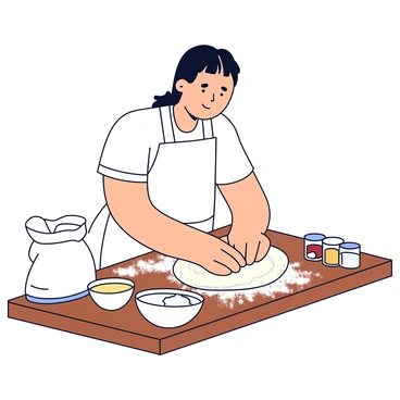 A baker is kneading dough on a wooden countertop. The baker is wearing a white apron and has flour dusted on their hands and clothes. Around the dough, there are several ingredients, including a bag of white flour, a bowl of granulated sugar, and small jars of various spices. The countertop is slightly messy with flour sprinkled across it, and the baker is focused on the task at hand.