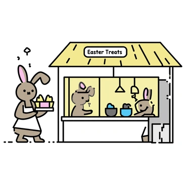 A cozy bakery with a wooden exterior and a thatched roof. In front of the bakery, two brown bunnies are standing behind the counter, wearing white aprons. One bunny is holding a tray of colorful Easter-themed pastries, including decorated cupcakes and chocolate eggs. The other bunny is arranging the pastries on a display shelf filled with pastel-colored treats. Soft, warm light illuminates the interior through large windows, and a small sign above the entrance reads "Easter Treats."