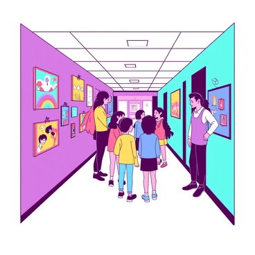 A school hallway features vibrant walls adorned with student artwork in various styles and themes. The artwork includes paintings, drawings, and crafts showcased in neat frames and clips. The floor is polished and smooth, reflecting the bright overhead lights. At one end of the hallway, a group of students is gathered, discussing their creations and admiring each other's work, while a teacher observes with a proud smile. The atmosphere is lively and filled with energy, emphasizing the creativity of the students.