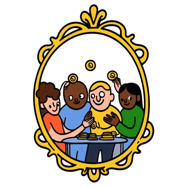 An ornate mirror with an intricately designed gold frame reflecting a group of four people happily counting shiny coins. The first person is a light-skinned woman with big eyes and curly brown hair, wearing a red dress. Next to her is a dark-skinned man with big eyes and short hair, wearing a blue shirt. The third person is a light-skinned man with big eyes and wavy blonde hair, wearing a yellow t-shirt. The fourth person is a dark-skinned woman with big eyes and straight black hair, wearing a green blouse. They are gathered around a small table, smiling and sharing the coins in their hands. The room around them is empty, emphasizing the focus on the joyful interaction reflected in the mirror.