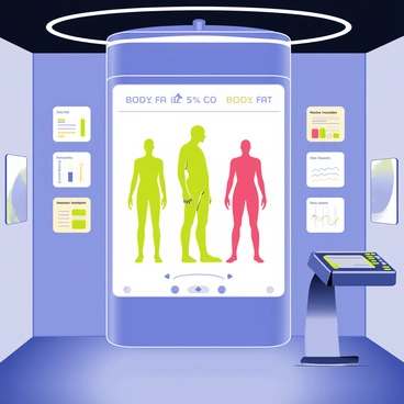 A futuristic medical scan room featuring a sleek, high-tech interface. A central display shows holograms of human silhouettes, each representing different body fat percentages. The silhouettes are vividly colored, ranging from green to red to indicate varying levels of body fat. Surrounding the display, there are additional holographic panels that provide data and analyses related to health metrics. The room is illuminated with soft blue lights, enhancing the advanced technology atmosphere. A digital console with buttons and touch screens is visible nearby, suggesting interactivity with the displayed information.