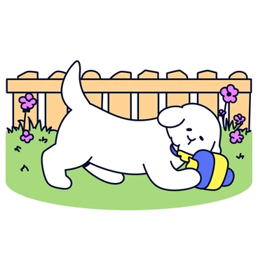 A small dog with fluffy white fur is gripping a colorful dumbbell in its mouth. The dog is leaning forward, its little paws pushing against the soft green grass of the backyard. The dumbbell is slightly larger than the dog's head, and it has bright blue and yellow colors. In the background, there are a few flowers blooming amidst the grass, and a wooden fence outlines the backyard, creating a cheerful and lively outdoor scene.