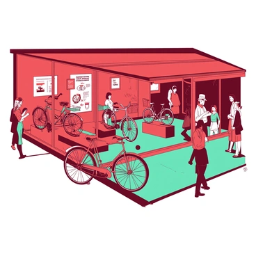 A red bicycle shop with large glass windows is hosting an exhibition featuring rare and classic bicycles. Inside, several vintage bicycles are displayed prominently on wooden pedestals, showcasing their intricate designs and unique colors. The walls of the shop are adorned with posters of legendary bicycles and cycling events. A teal carpet runs along the floor, adding a vibrant touch to the space. Various visitors are walking around, admiring the bicycles, and taking photos. Bright lights illuminate the bicycles, highlighting their polished chrome and classic features.