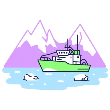 A fishing barge is navigating through icy waters, with chunks of ice floating around it. The barge is detailed, featuring fishing nets and equipment on the deck. In the background, there are imposing snow-covered mountains that rise sharply against the sky. The contrast between the barge and the icy waters creates a dynamic scene, while the mountains provide a rugged and majestic backdrop. The icy surface reflects the light, enhancing the crispness of the environment.
