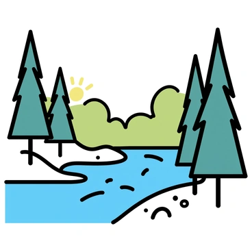 A river flowing smoothly through a dense pine forest. The water is clear and reflects the surrounding greenery. Tall pine trees with deep green needles frame the river on both sides. Sunlight filters through the branches, casting soft shadows on the ground. Small stones are visible at the riverbed, and the surface of the water shows gentle ripples.