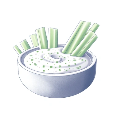 A close-up view of a bowl filled with a creamy ranch dip. The bowl, made of white ceramic, has a smooth surface and is round in shape. Surrounding the bowl are several fresh celery sticks, arranged neatly, green and crisp, ready for dipping. The dip has a smooth texture with visible herbs and seasonings mixed in, adding detail to its surface. The celery sticks are cut into uniform lengths, showcasing their vibrant green color and crunchy texture. The composition emphasizes the contrast between the creamy dip and the fresh vegetable sticks.