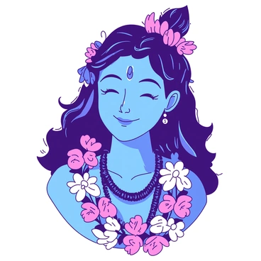 A blue figure of Krishna is wearing a garland of fresh flowers made of various vibrant colors. He has a gentle smile on his face, with his eyes closed slightly as if in a blissful state. The flowers in the garland are intricately arranged, showcasing delicate petals and lush greenery. Krishna's hair is long and flowing, adorned with small blooms that match the garland. His clothing is richly detailed, featuring patterns that enhance his serene presence. The background displays a soft, warm ambiance that complements the overall scene.