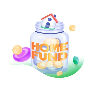 A jar labeled "Home Fund" in bold, bright letters. The jar is filled with gold and silver coins, glinting in the light. Sitting on top of the coins is a small, detailed house figurine, painted in pastel colors, with a red roof and white walls. The jar is placed on a clean, light-colored surface, and there are a few scattered coins around the jar, adding to the composition.